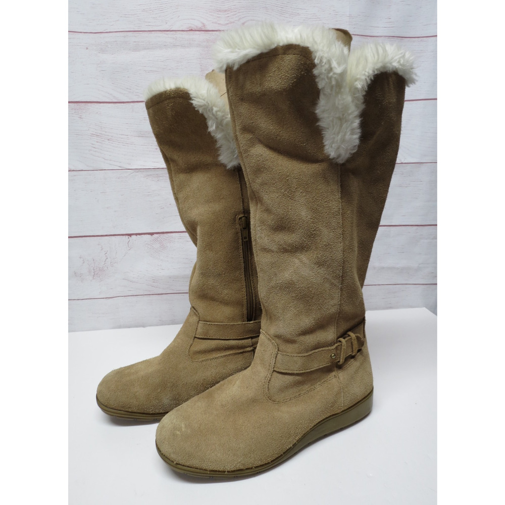 Lands' End Boots Womens 7 D Wide Tan Suede Tall Leather Pull On Faux Fur Lining